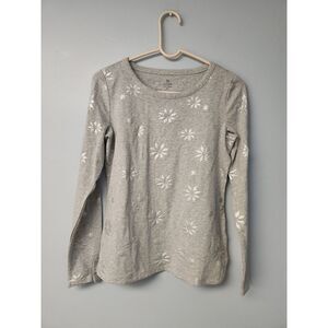 T by‎ Talbots Gray Long Sleeve Top Shirt Shiny Snowflakes All over Sz XS